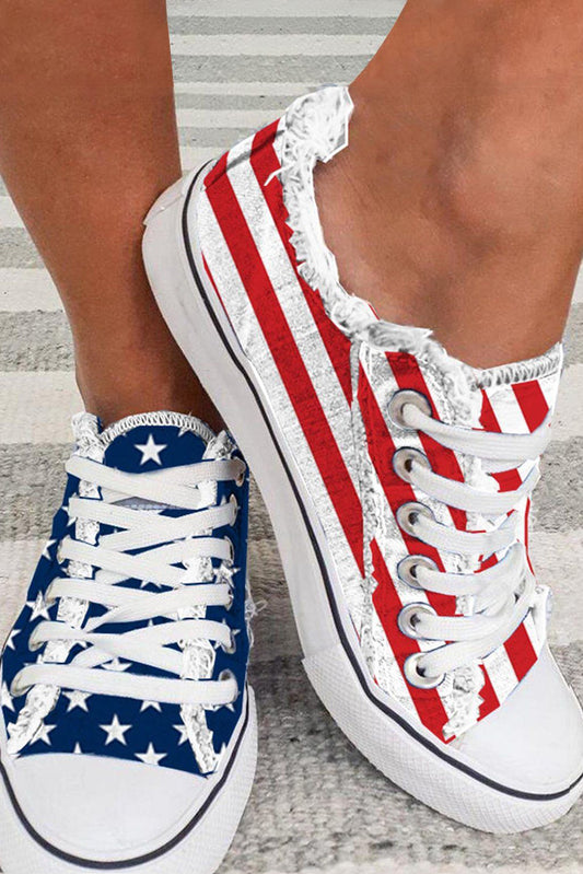 Red and Blue American Flag Print Lace Up Casual Canvas Sneaker